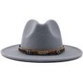 Grey felt fedora hat with brown braided band and gold feather metal accent - Gray