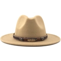 Camel felt fedora hat featuring a vintage ethnic band and gold metal feather charm - Camel