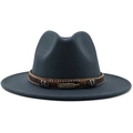 Dark blue felt fedora hat with flat brim and brown braided band with feather charm - Dark Gray