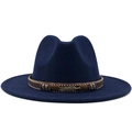 Detail of dark blue wool fedora with brown braided band and golden feather ornament - Navy Blue