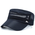 Summer quick-dry flat top mesh cap in navy blue with a silver triangle metal badge - Adjustable / Navy Blue