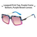 Oversized trendy sunglasses with leopard print purple frames and gradient tint lenses - Top Leopard Bottom Purple Frame Purple Tea Gradient Lens