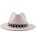 Pink wide brim wool fedora hat with elegant pearl band detail for women - Pink