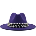 Classic purple wool jazz hat with flat brim and multi-row pearl decorative band - Purple