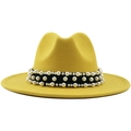 Yellow wool felt fedora with flat brim featuring a black ribbon and faux pearl band - M (56-58cm) / Yellow