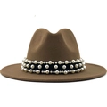 Detail of dark brown wool fedora hat featuring a black band with rows of elegant white pearls - Khaki