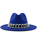 Royal blue wool fedora hat with wide flat brim and double row pearl band decoration - M (56-58cm) / Blue