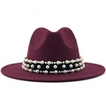 Elegant burgundy wool fedora hat with luxury pearl band for autumn and winter wear - Burgundy