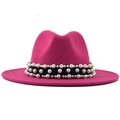 Rose red wool fedora hat with flat brim featuring a black band with faux pearl accents - Rose Red