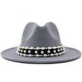 Elegant grey flat brim fedora with a decorative black band and three rows of white pearls - Gray