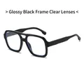 Glossy black frame square pilot sunglasses with clear lenses and double bridge design - Black Frame Clear Lenses