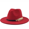 Classic red wool fedora hat with black leather band and golden feather metal buckle - M (56-58cm) / Red