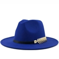 Royal blue wool fedora hat with black band and gold leaf metallic accent decoration - M (56-58cm) / Blue