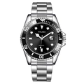 Men's silver stainless steel quartz watch with calendar display and black dial - Black