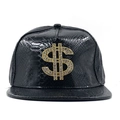 Hip hop style faux snakeskin leather baseball cap with rhinestone gold dollar sign - Adjustable / Black