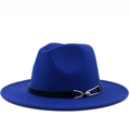Classic deep blue wide brim wool fedora hat with elegant black leather belt and gold buckle - Blue