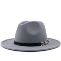 Classic grey wool fedora hat for women with a black leather band and gold buckle detail - Gray