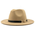 Detail view of camel wool fedora hat with a black leather belt and gold metal buckle - Camel