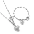Conjunto de collar y pulsera de acero plateado con dije de corazón y cierre en T - Conjunto Color Acero de Cadena de Corazón