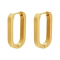 Detailed close-up of small golden oval stainless steel hoop earrings with snap closure - Long Oval / Gold