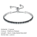 Bracciale regolabile in rame da 24 cm con placcatura in platino e cristalli neri da 2,5 mm - Oro Bianco Pietra Nera (2,5mm) / 24cm Regolabile