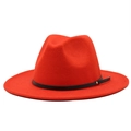 Detail of red wool fedora hat featuring wide brim with black band and gold stud accent - M(56-58cm) / Orange Red