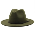 Olive green wool felt fedora hat with wide brim and black leather decorative band - M(56-58cm) / Army Green