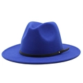 Detail of royal blue wool fedora hat with black leather band and gold buckle - M(56-58cm) / Sapphire Blue