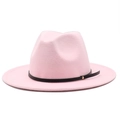 Detailed macro shot of pink wool fedora hat with black leather band and gold studs - M(56-58cm) / Pink