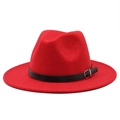 Classic red wide brim wool fedora hat with a black leather band and silver buckle - M(56-58cm) / Red