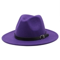 Vibrant purple wool fedora hat with wide brim and black leather belt featuring silver buckle - M(56-58cm) / Purple