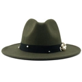 Detail of dark green wool fedora hat with black ribbon and white pearl embellishments - Green