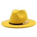 Classic bright yellow wool fedora hat with wide brim, black ribbon and gold leaf accent - M(56-58cm) / Yellow