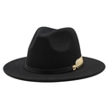 Detail of a black wool fedora with a decorative golden metal feather on a leather band - M(56-58cm) / Black