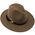 Brown wool fedora jazz hat featuring a black leather band and gold metal ring buckle - Khaki