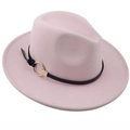Pink minimalist wool fedora hat with black leather belt and gold metal ring accent - Pink