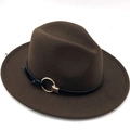 Dark brown wool felt fedora with a black leather band and a polished gold buckle detail - Coffee