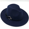 Dark blue wide brim wool fedora hat with a black leather band and gold buckle - Navy Blue