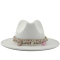 White wide-brim wool fedora hat with bohemian ethnic woven band and seashell details - White