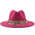Fuchsia wool fedora hat with bohemian shell ornaments and colorful fringe trim - Rose Red