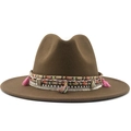 Detail of coffee fedora with bohemian braided bands, colorful tassels and seashell accents - Khaki