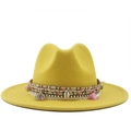 Yellow wool felt fedora with bohemian ethnic woven band and colorful tassels - M (56-58cm) / Yellow