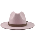 Roze wollen fedora hoed met platte rand en bruine decoratieve band voor dames - Roze