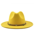 Yellow wool fedora hat with flat brim and ethnic braided band with jewel accents - M (56-58cm) / Yellow