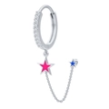 S925 silver star earring with pink enamel pendant and blue chain link connector - 14-Silver Enamel Star Chain Earring(Single)