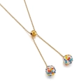 Golden necklace with two sphere pendants paved in colorful crystals on white background - Gold Multi-color Rhinestone Ball (KN198919-Z)