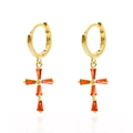Golden S925 silver hoop earrings featuring orange zircon cross charms on white background - Orange Gold