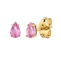 Roze druppelvormige edelsteen oorknopjes in 14K goud met 585 kenmerk op witte achtergrond - Traanvormige Roze Steen Oorknopjes