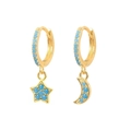 S925 silver gold-plated asymmetrical star and moon hoop earrings with blue stones - Star Moon Earrings Gold