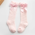 Pink toddler mesh socks with a large satin bow, summer breathable hollow lace design - Pink